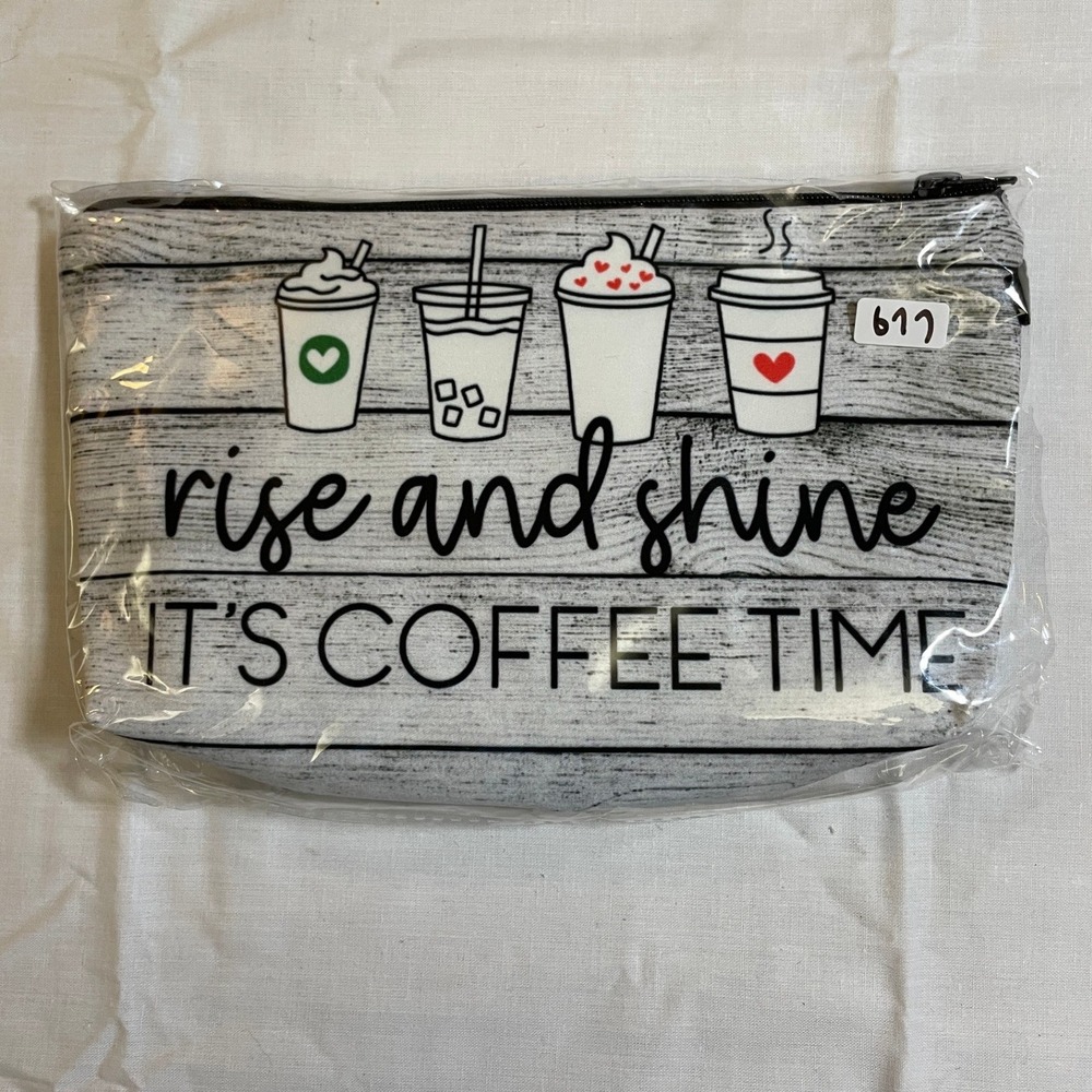 The Pouch Cosmetic Bag Women Small White NWT Rise and Shine Coffee Time Pouch